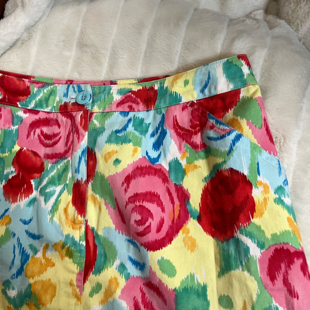 Y2k Talbots 12p Yellow Blue Floral Maximal Alice Wonderland Coded Skirt Summer